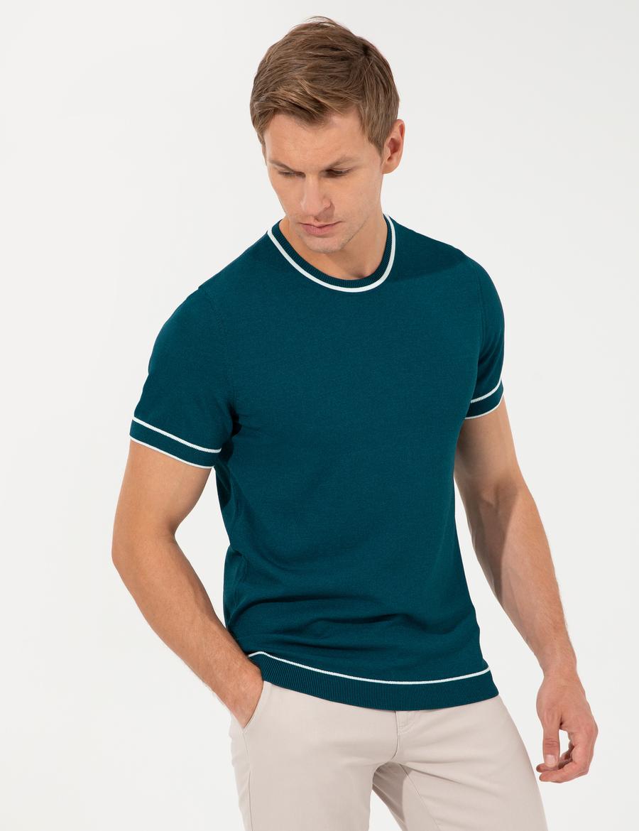 Yeşil Slim Fit Bisiklet Yaka Triko Tişört