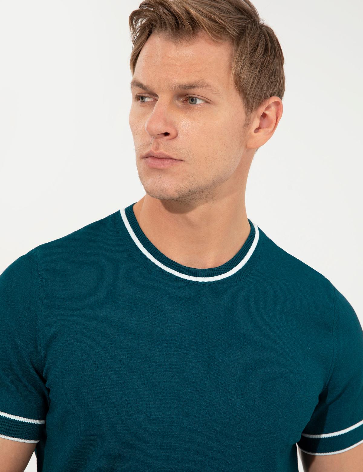 Yeşil Slim Fit Bisiklet Yaka Triko Tişört - 50249698033