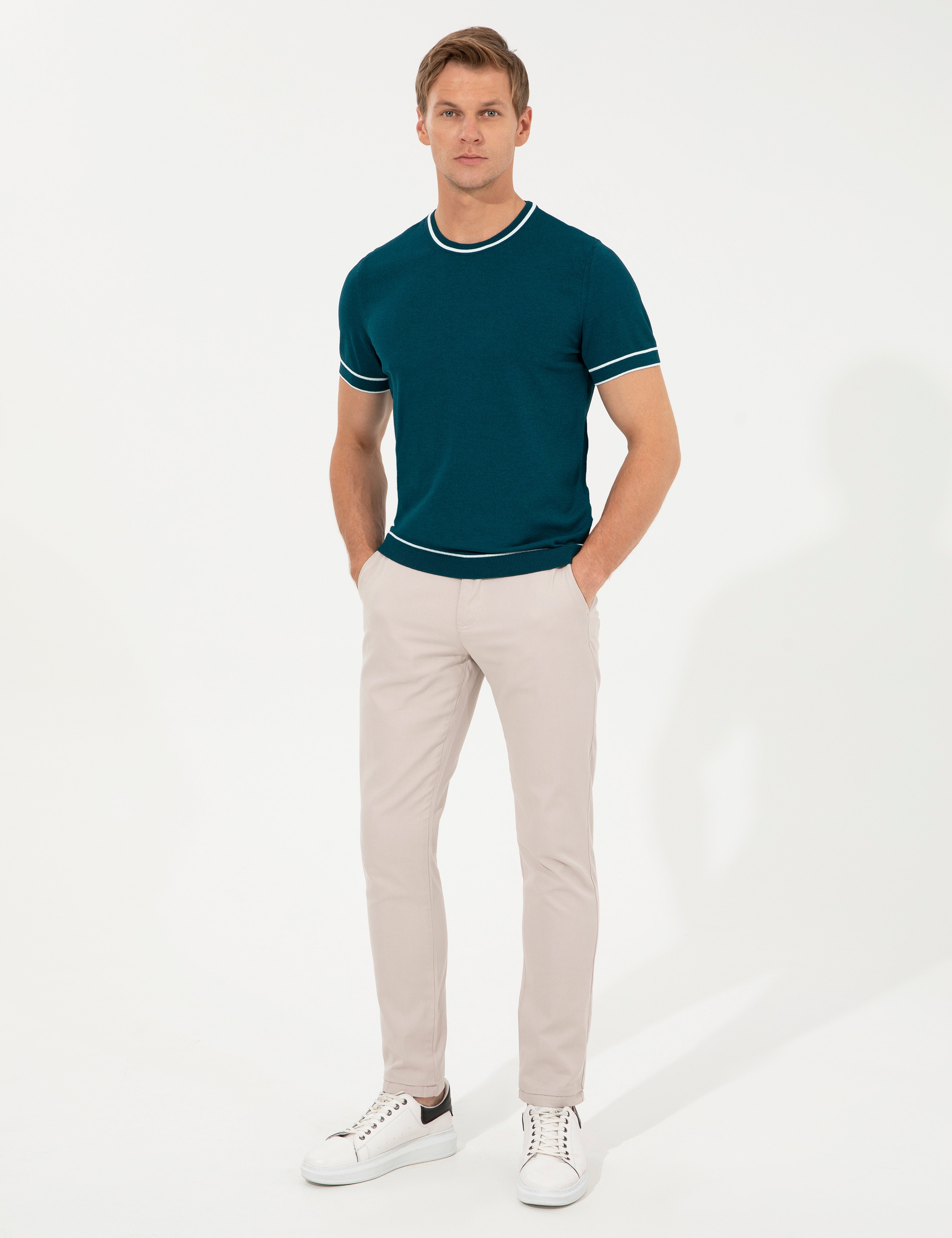 Yeşil Slim Fit Bisiklet Yaka Triko Tişört - Image 4