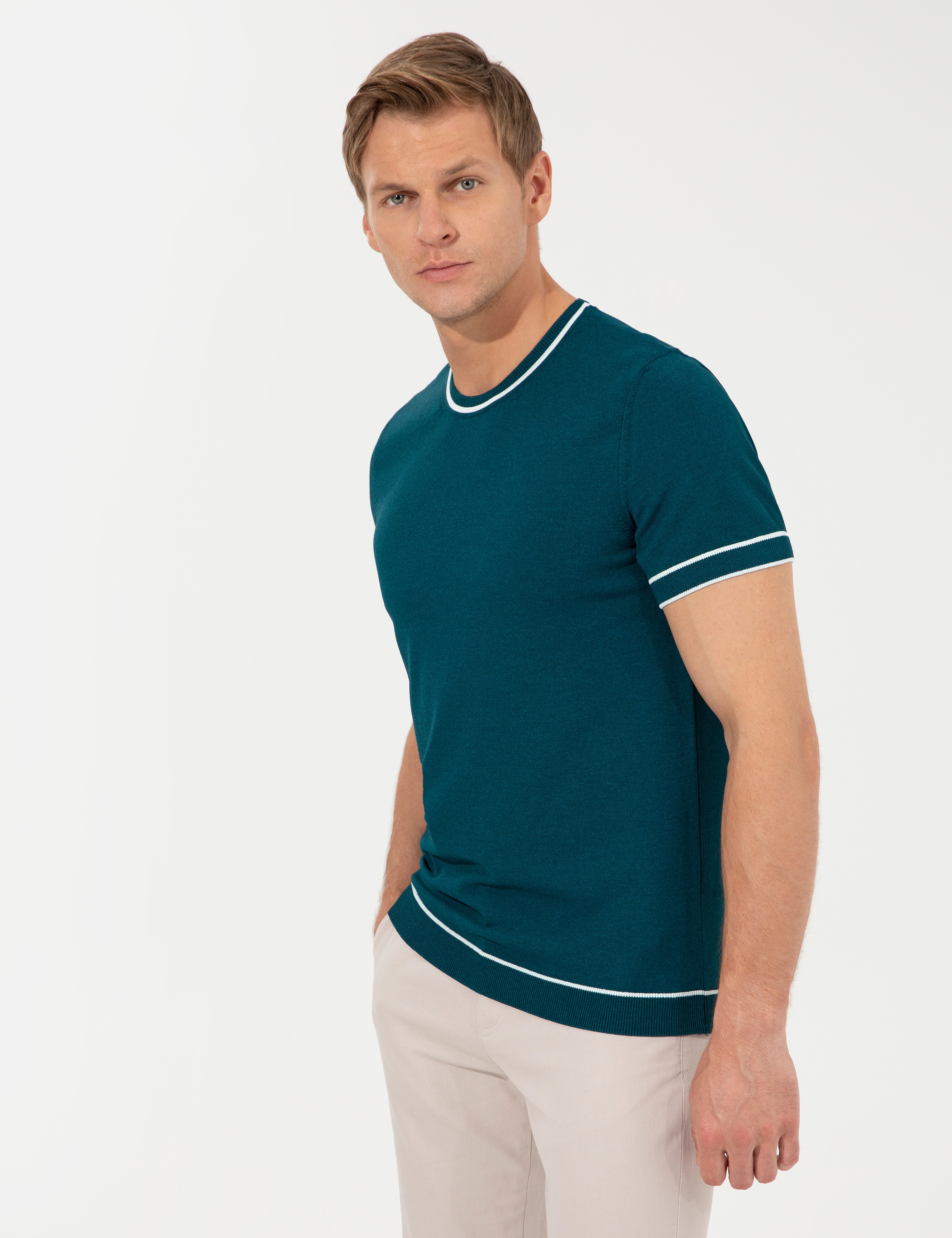 Yeşil Slim Fit Bisiklet Yaka Triko Tişört - Image 3