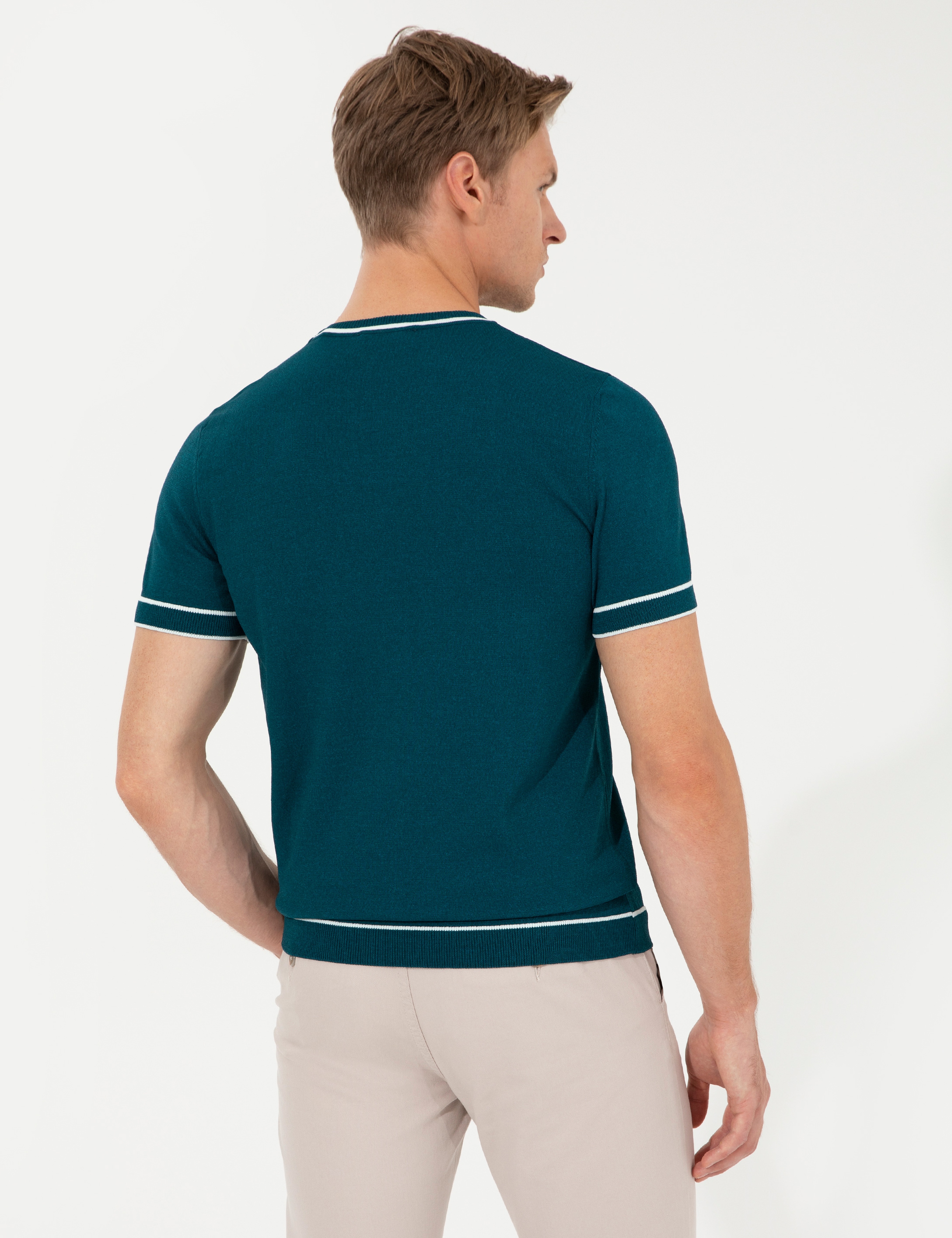 Yeşil Slim Fit Bisiklet Yaka Triko Tişört - Image 5