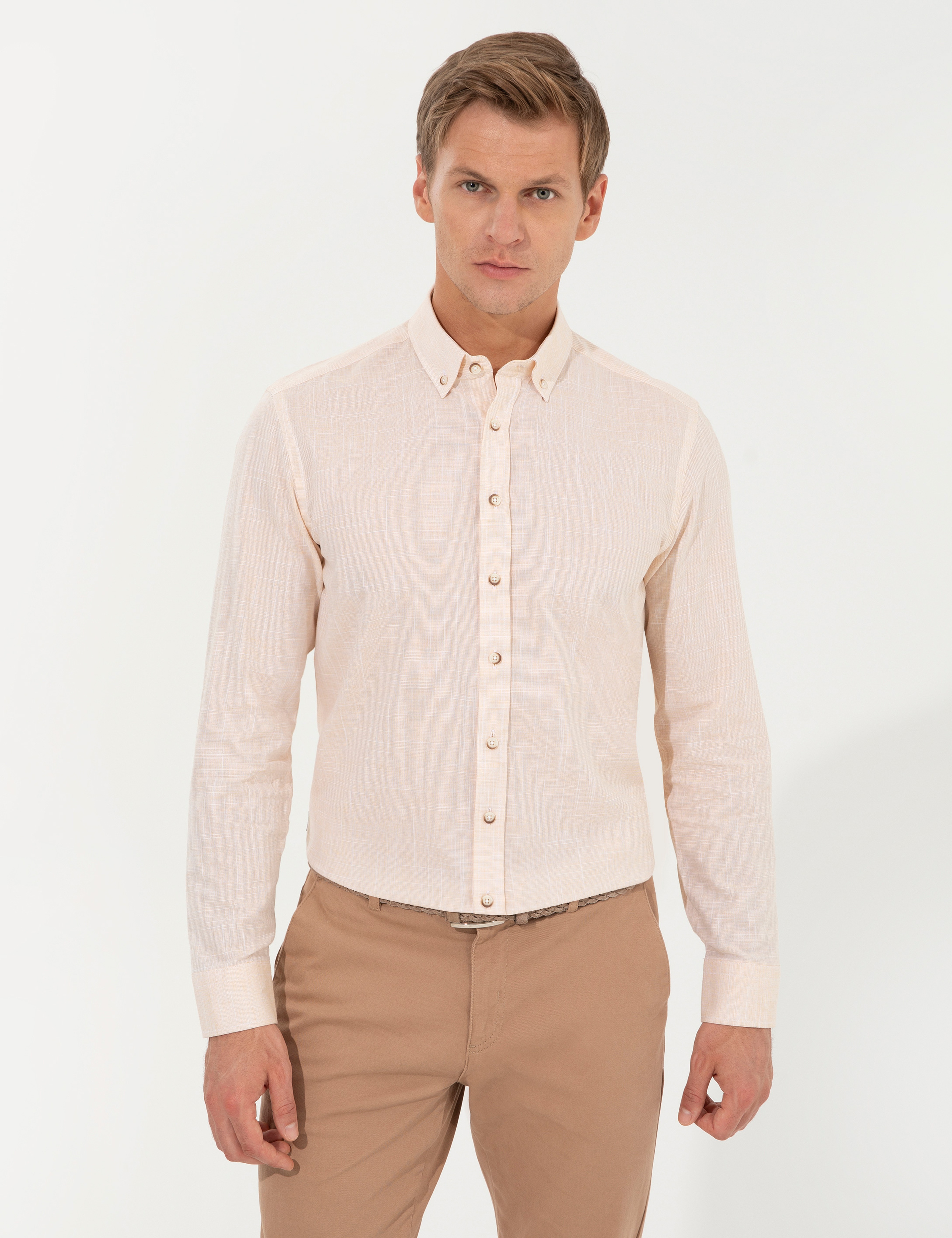 Açık Sarı Slim Fit Uzun Kollu Gömlek - Image 3