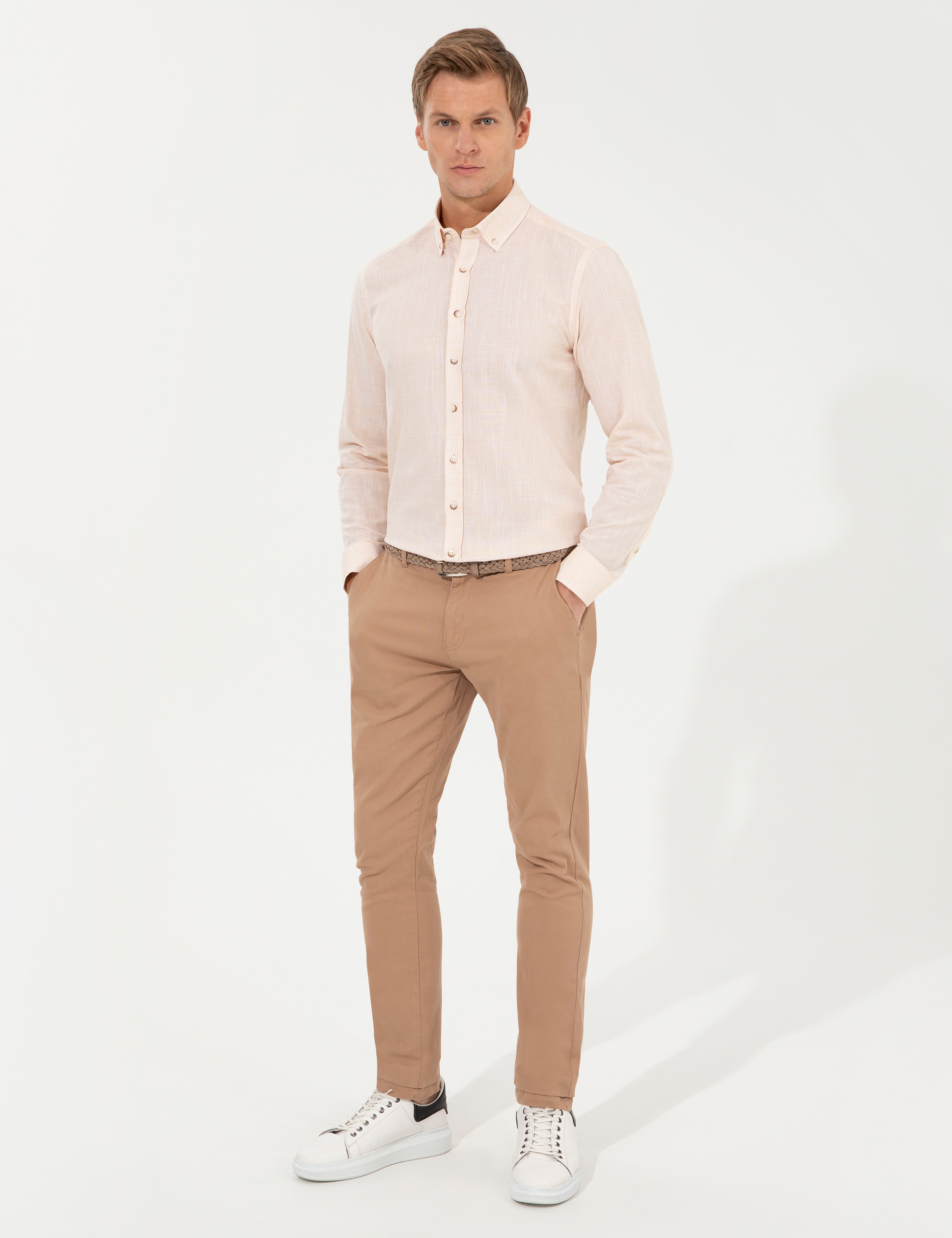 Açık Sarı Slim Fit Uzun Kollu Gömlek