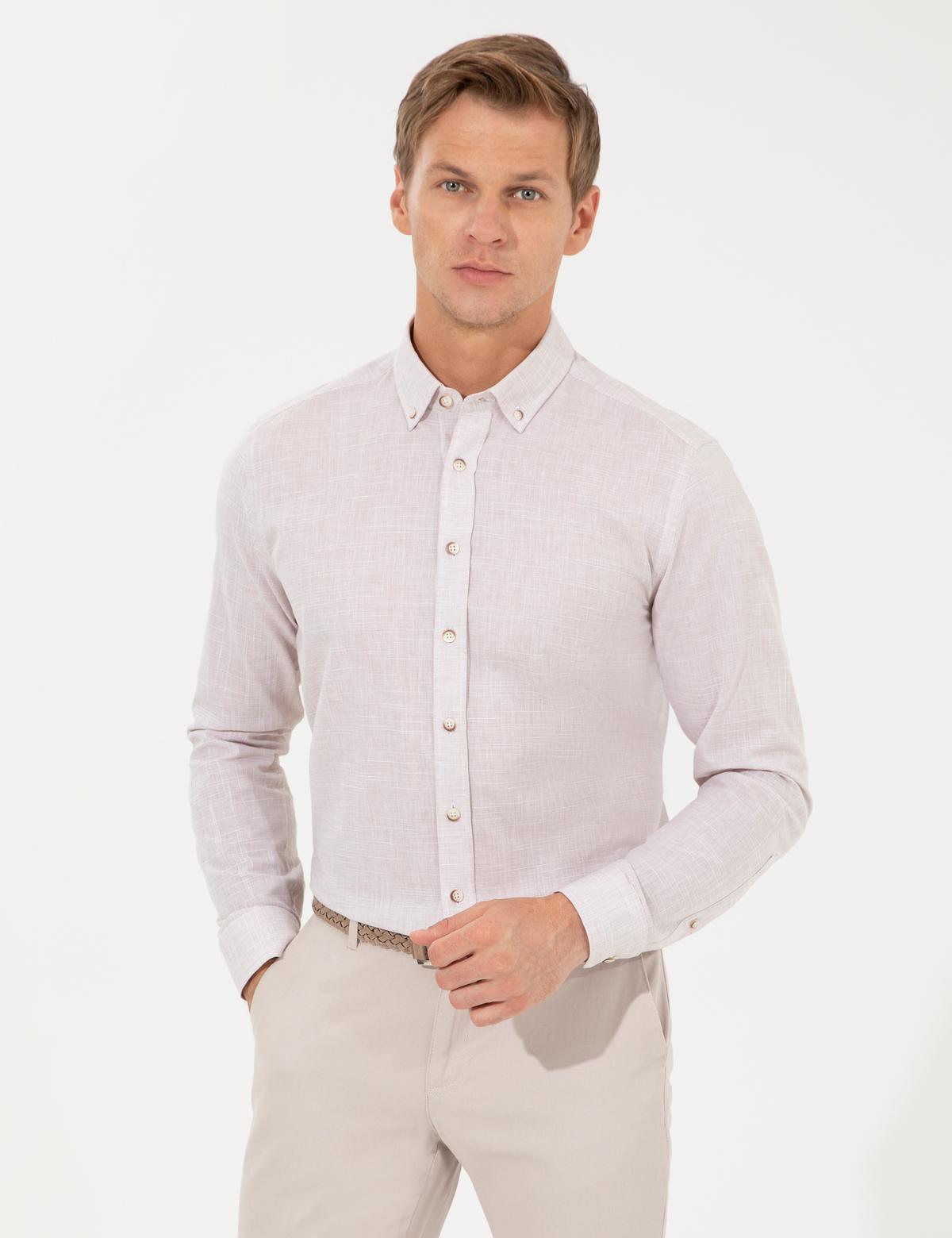 Bej Slim Fit Uzun Kollu Gömlek