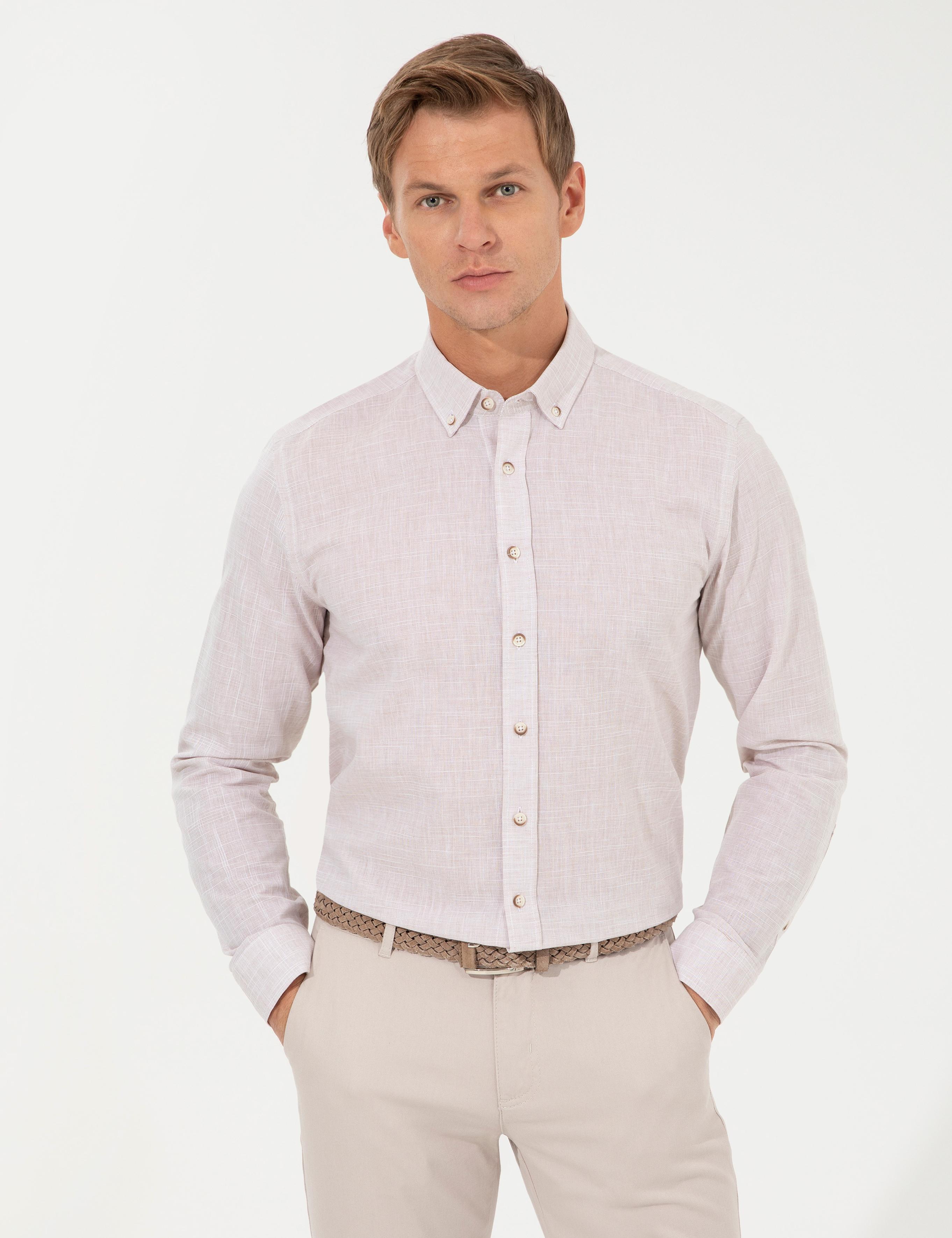 Bej Slim Fit Uzun Kollu Gömlek