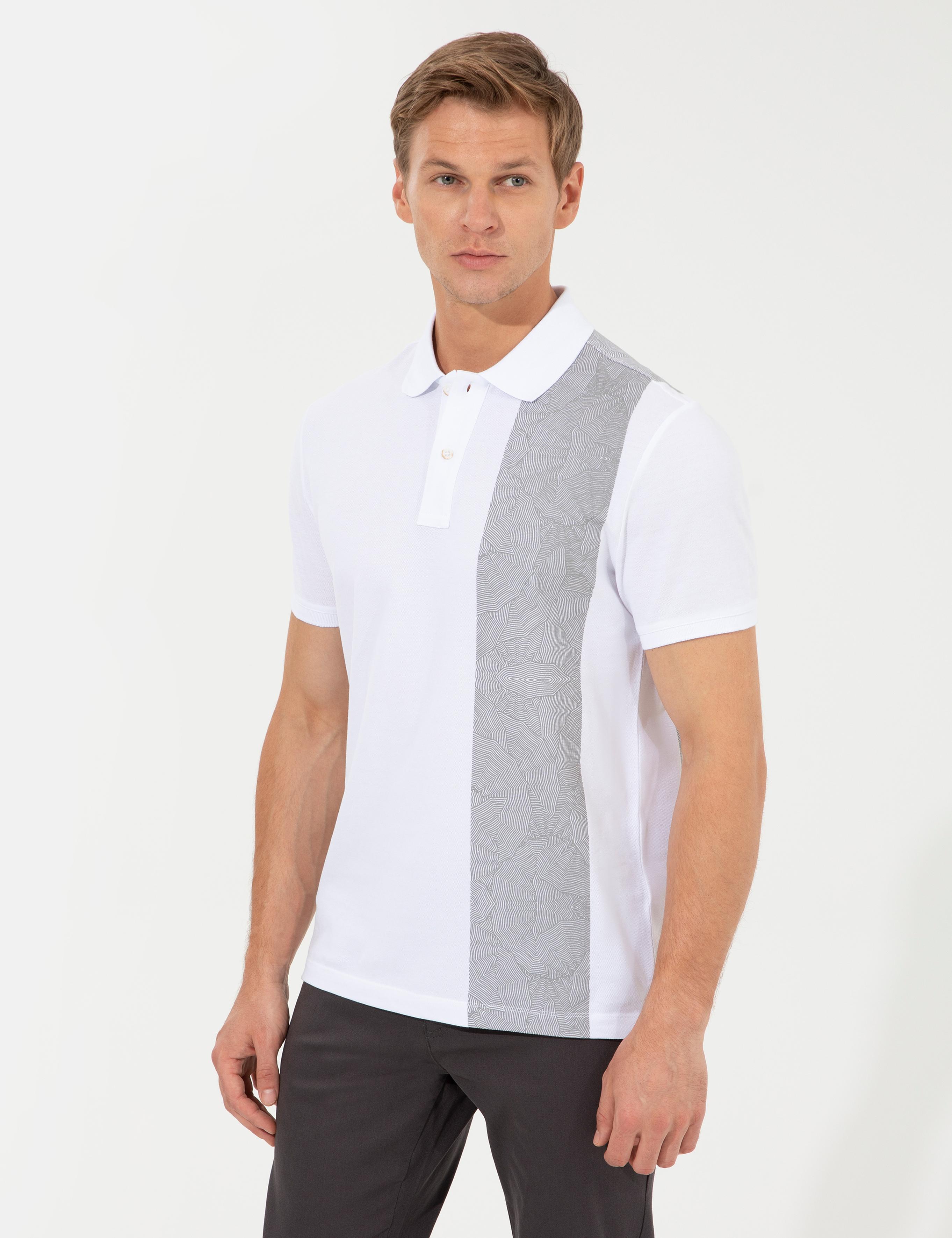 Beyaz Slim Fit Baskılı Polo Yaka Tişört