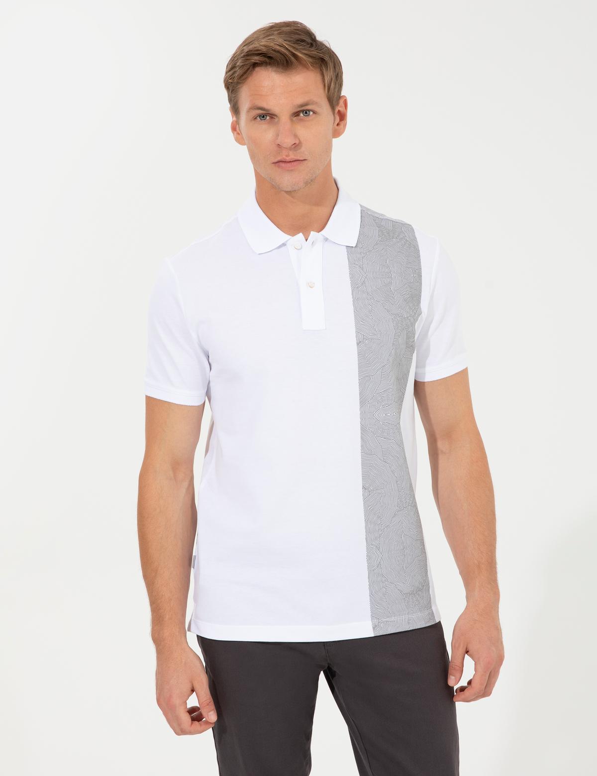 Beyaz Slim Fit Baskılı Polo Yaka Tişört