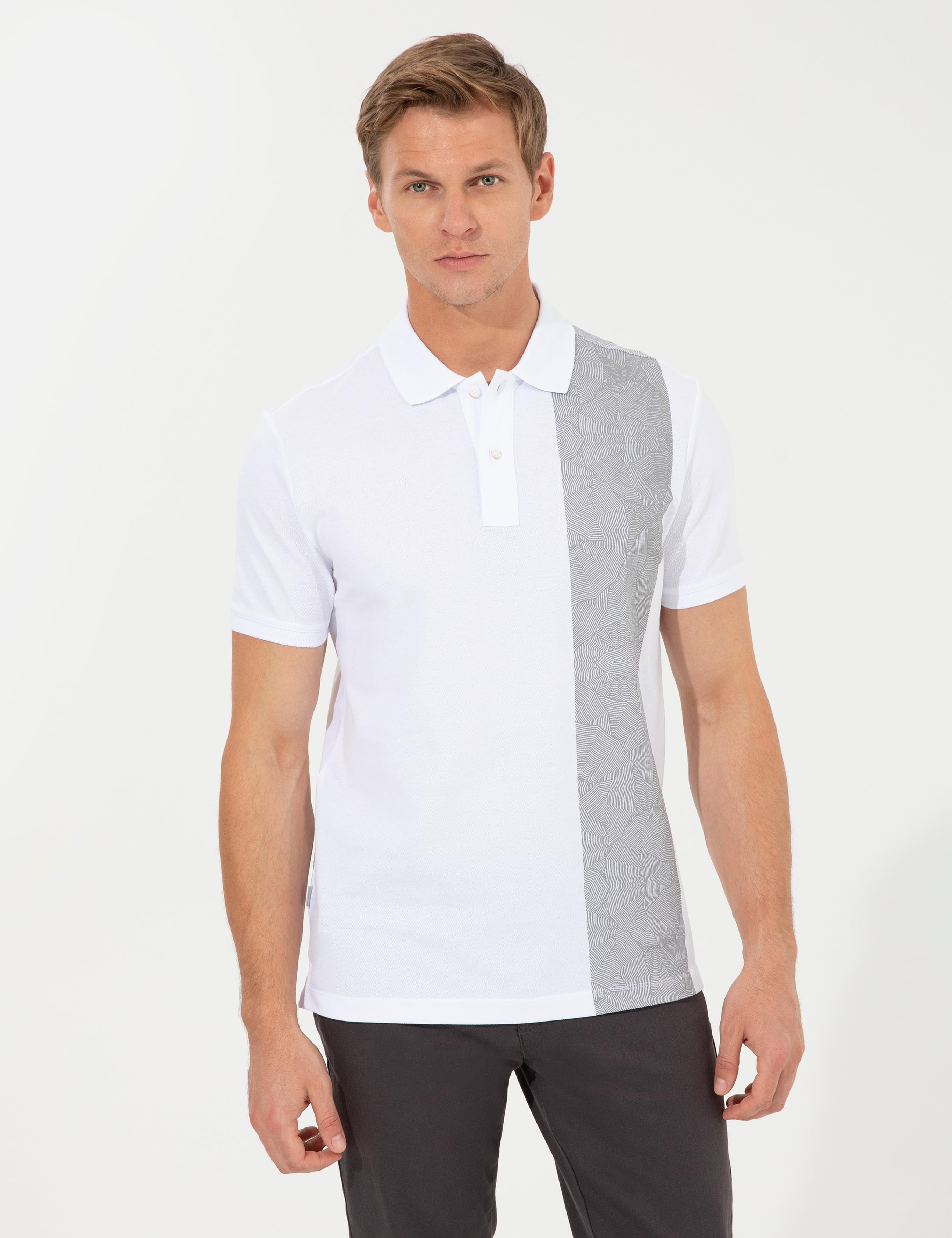 Beyaz Slim Fit Baskılı Polo Yaka Tişört