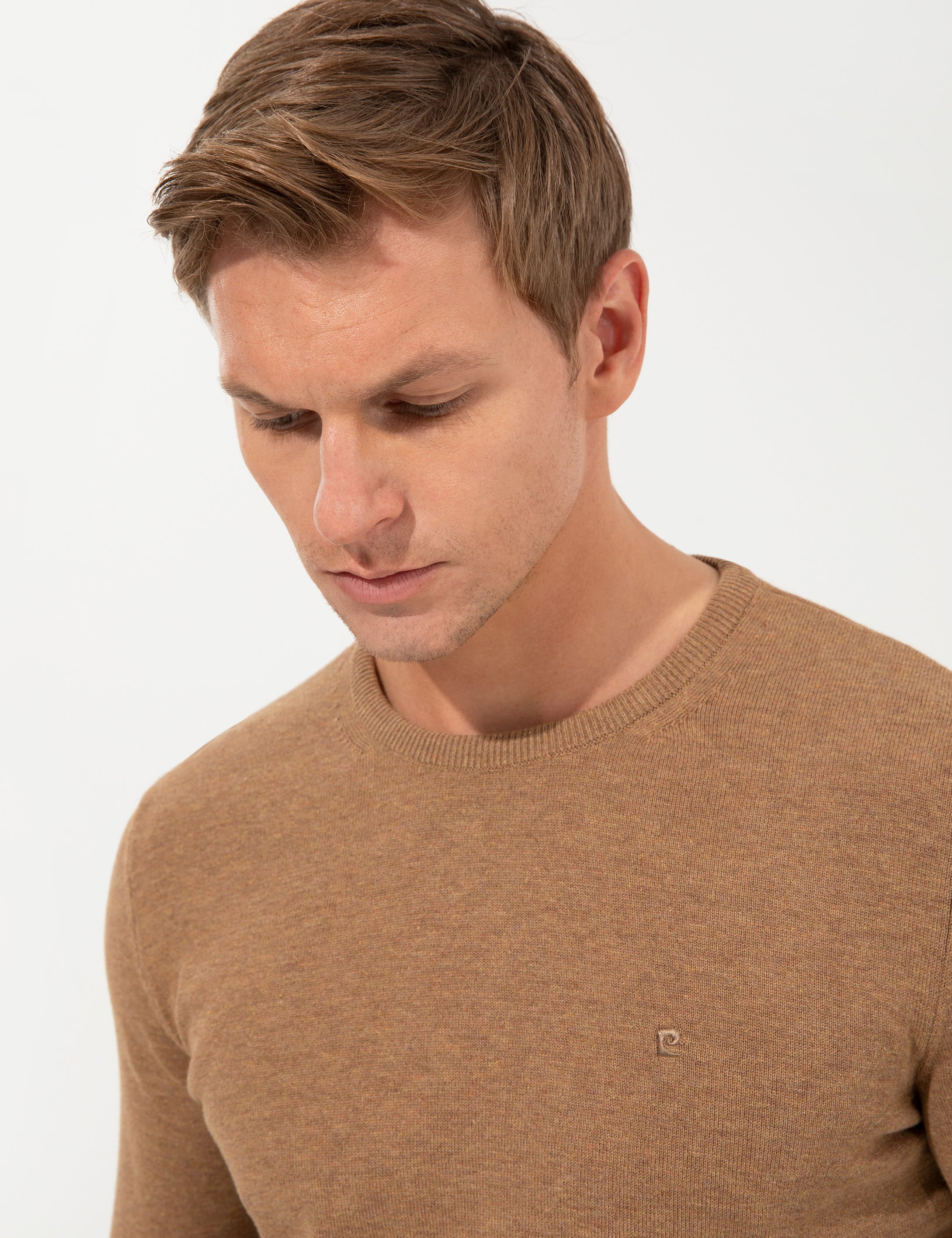 Pierre Cardin Camel Melanj Slim Fit Bisiklet Yaka Basic Triko Kazak görsel 3
