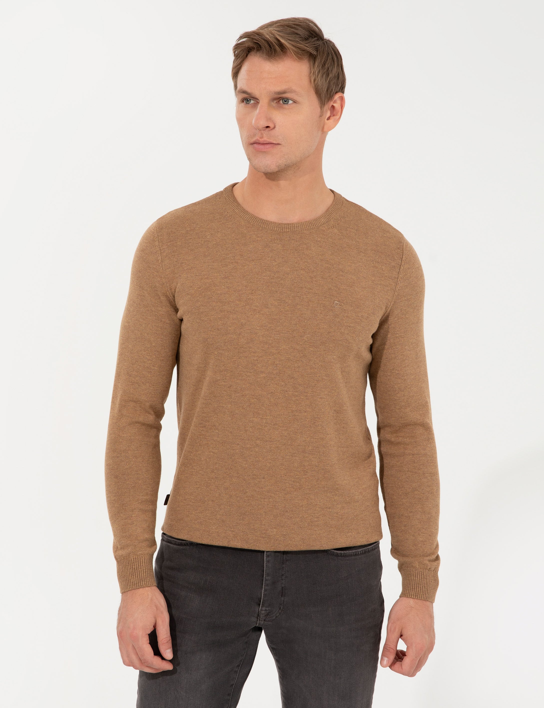 Pierre Cardin Camel Melanj Slim Fit Bisiklet Yaka Basic Triko Kazak görsel 4