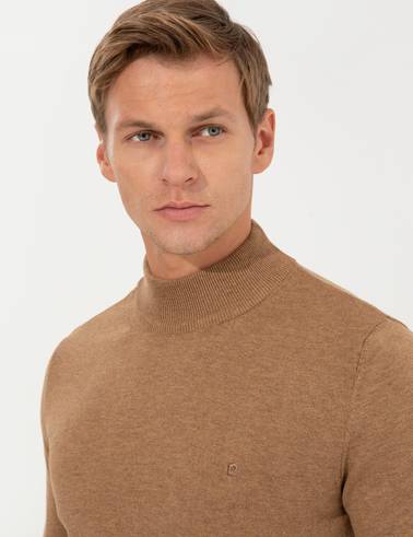 Camel Melanj Slim Fit Yarım Balıkçı Yaka Basic Triko Kazak