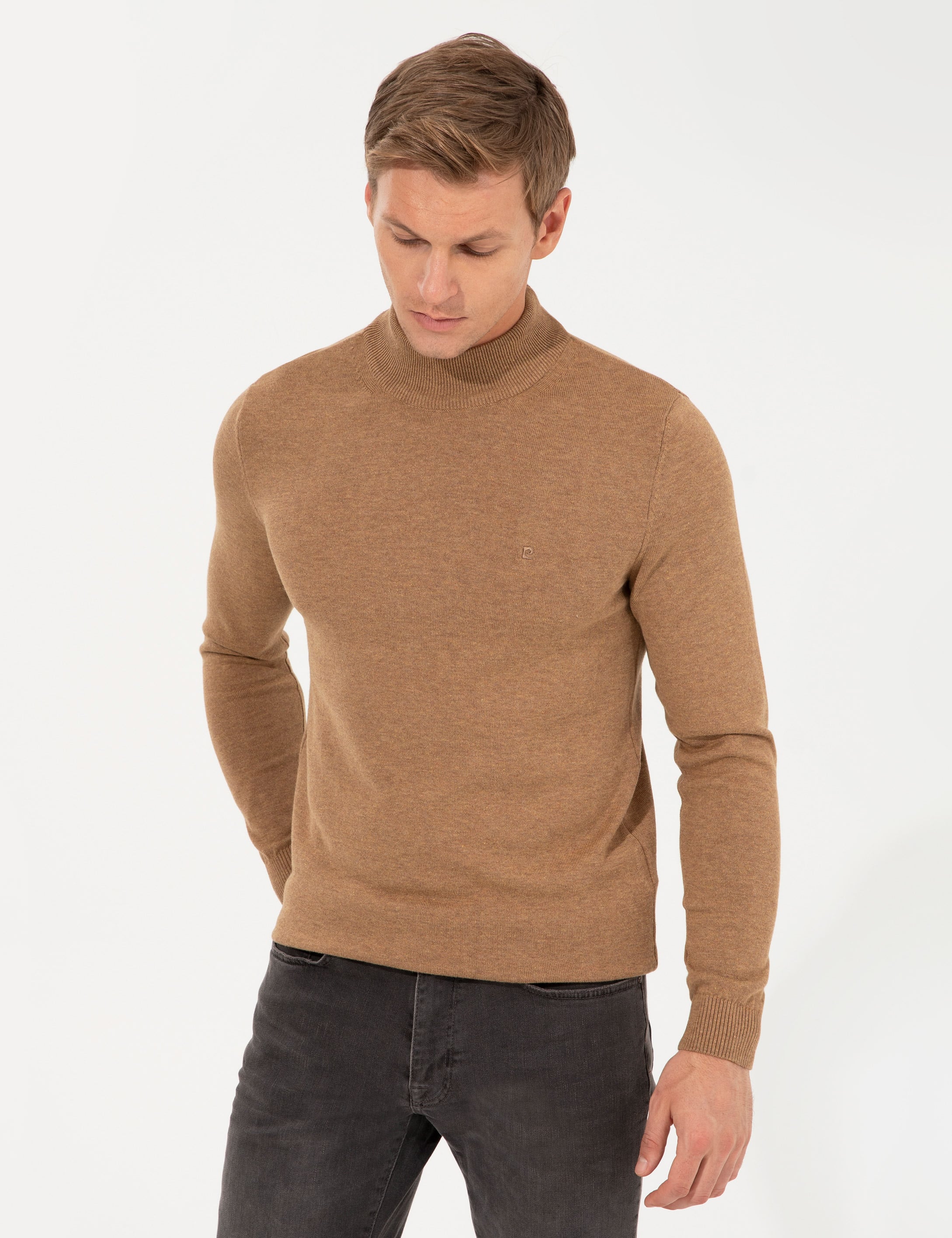 Pierre Cardin Camel Melanj Slim Fit Yarım Balıkçı Yaka Basic Triko Kazak görsel 3