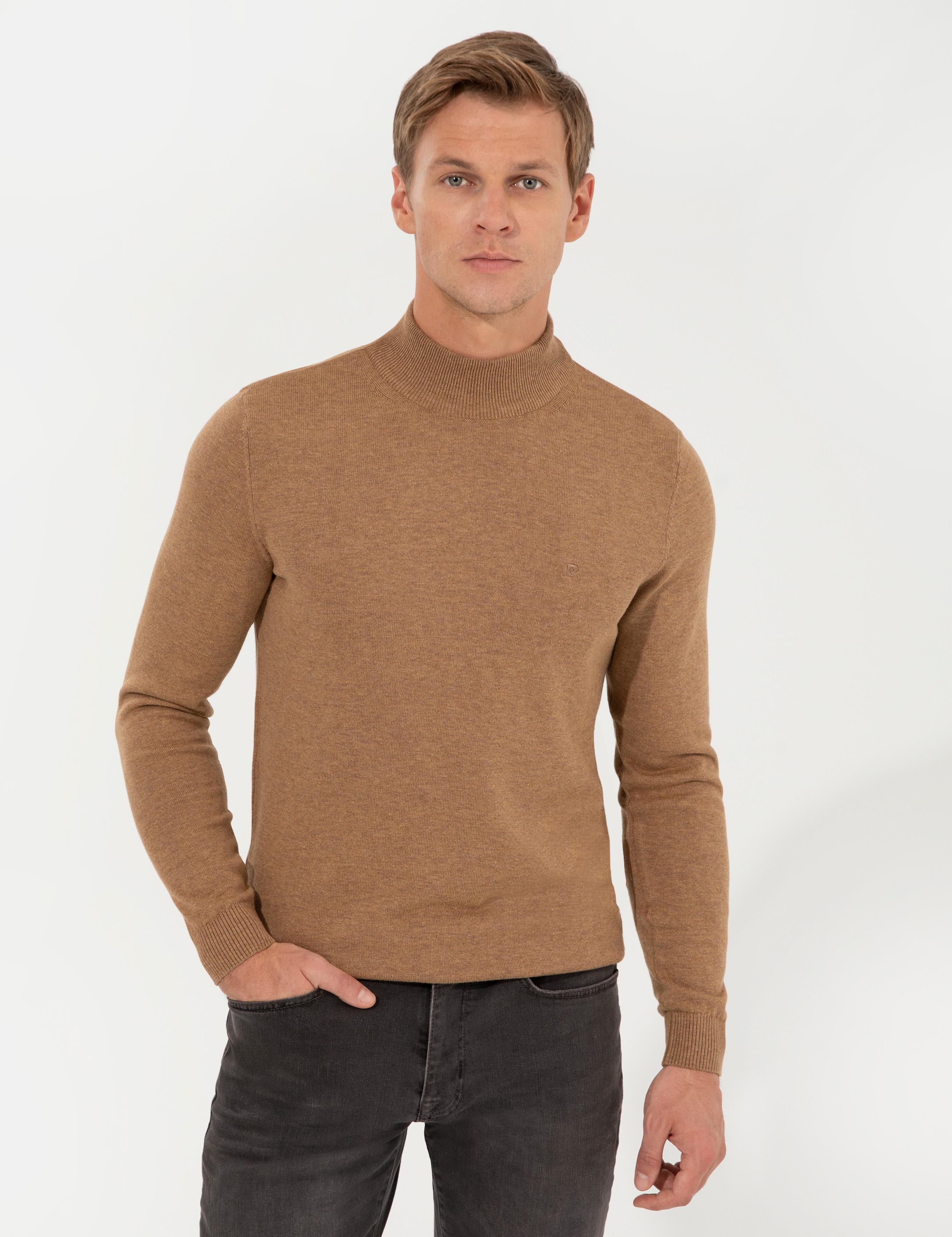 Camel Melanj Slim Fit Yarım Balıkçı Yaka Basic Triko Kazak