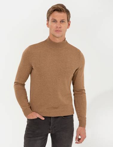 Camel Melanj Slim Fit Yarım Balıkçı Yaka Basic Triko Kazak