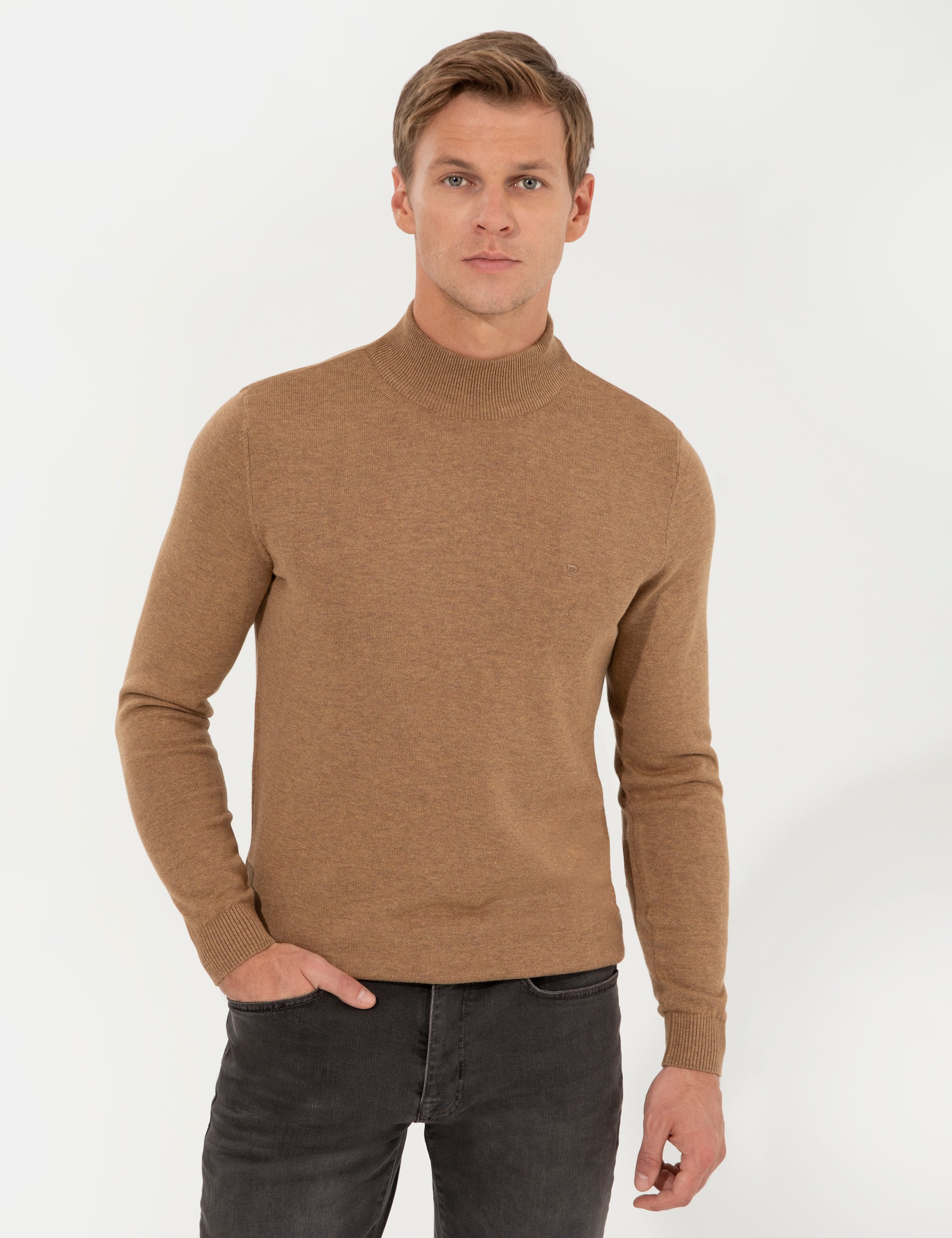 Camel Melanj Slim Fit Yarım Balıkçı Yaka Basic Triko Kazak