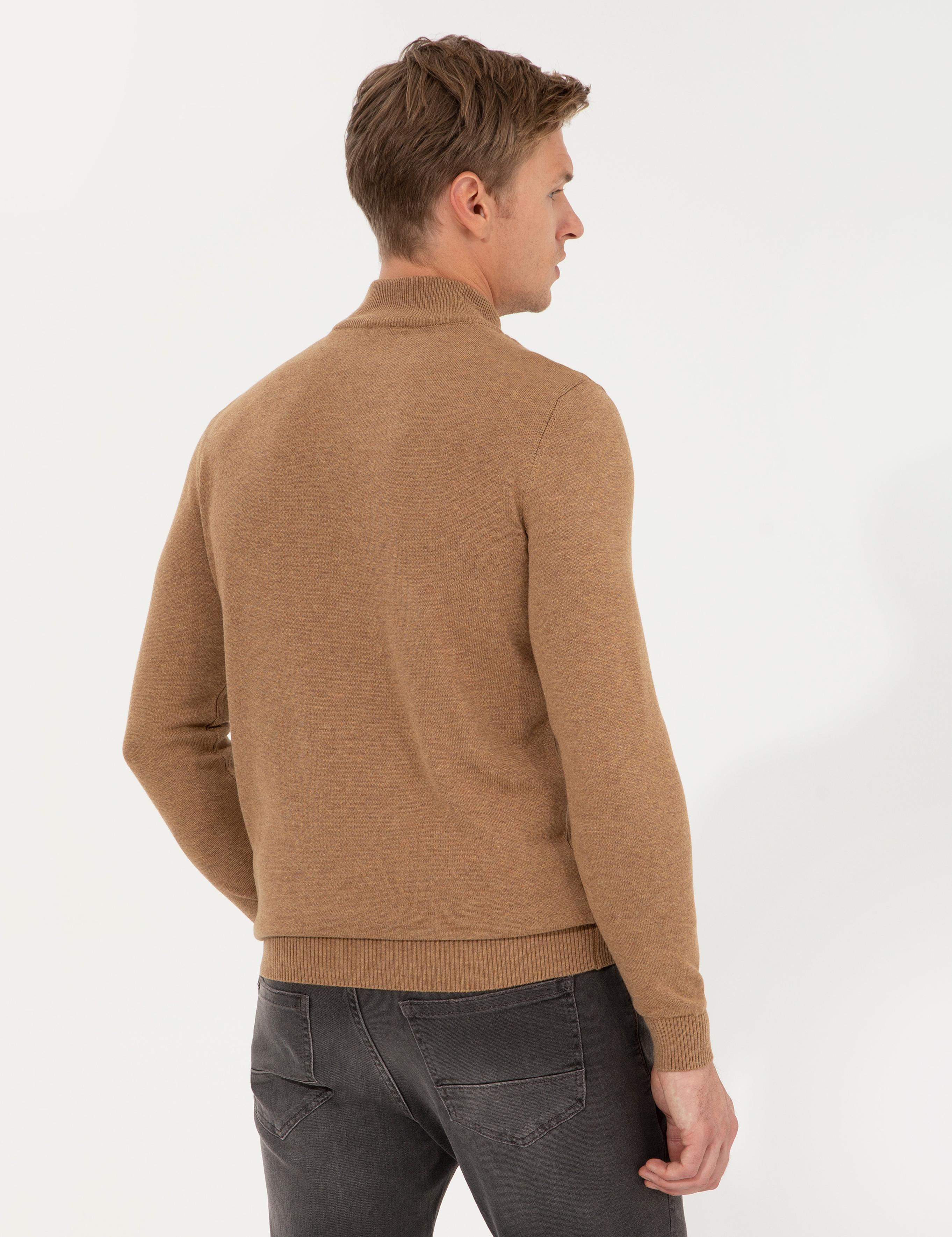 Camel Melanj Slim Fit Yarım Balıkçı Yaka Basic Triko Kazak