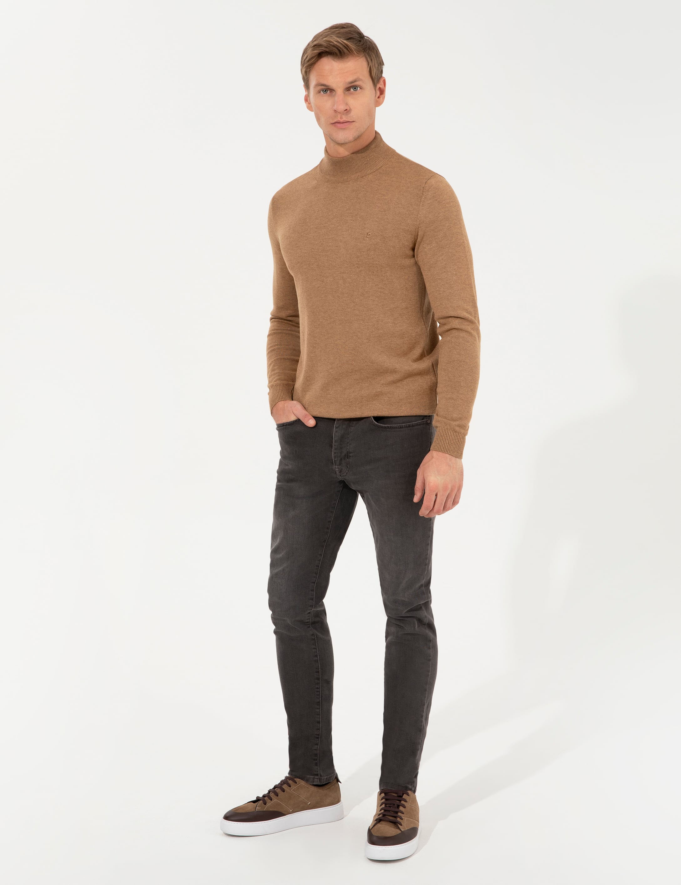 Pierre Cardin Camel Melanj Slim Fit Yarım Balıkçı Yaka Basic Triko Kazak görsel 4