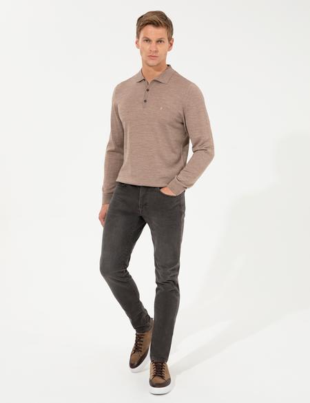 Taş Regular Fit Polo Yaka Yün Karışımlı Basic Triko Kazak - 50237775116