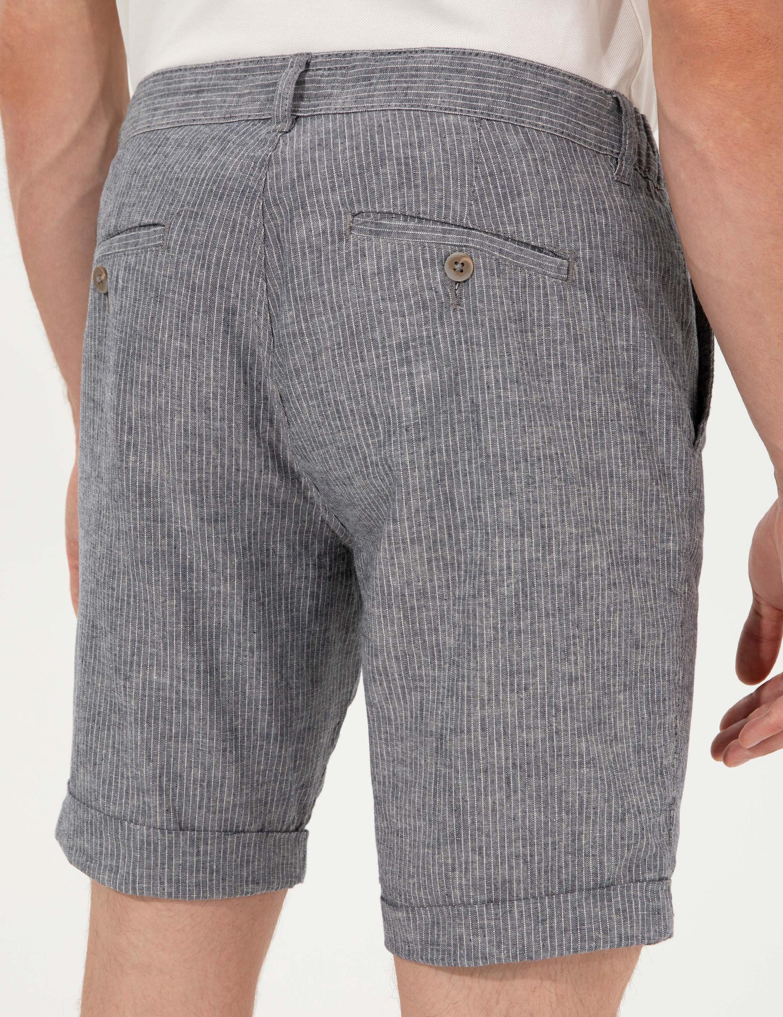 Lacivert Regular Fit Keten Karışımlı Çizgili Beli Lastikli Bağcıklı Bermuda Şort