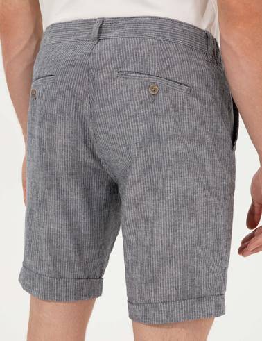 Lacivert Regular Fit Keten Karışımlı Çizgili Beli Lastikli Bağcıklı Bermuda Şort