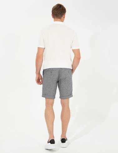Lacivert Regular Fit Keten Karışımlı Çizgili Beli Lastikli Bağcıklı Bermuda Şort