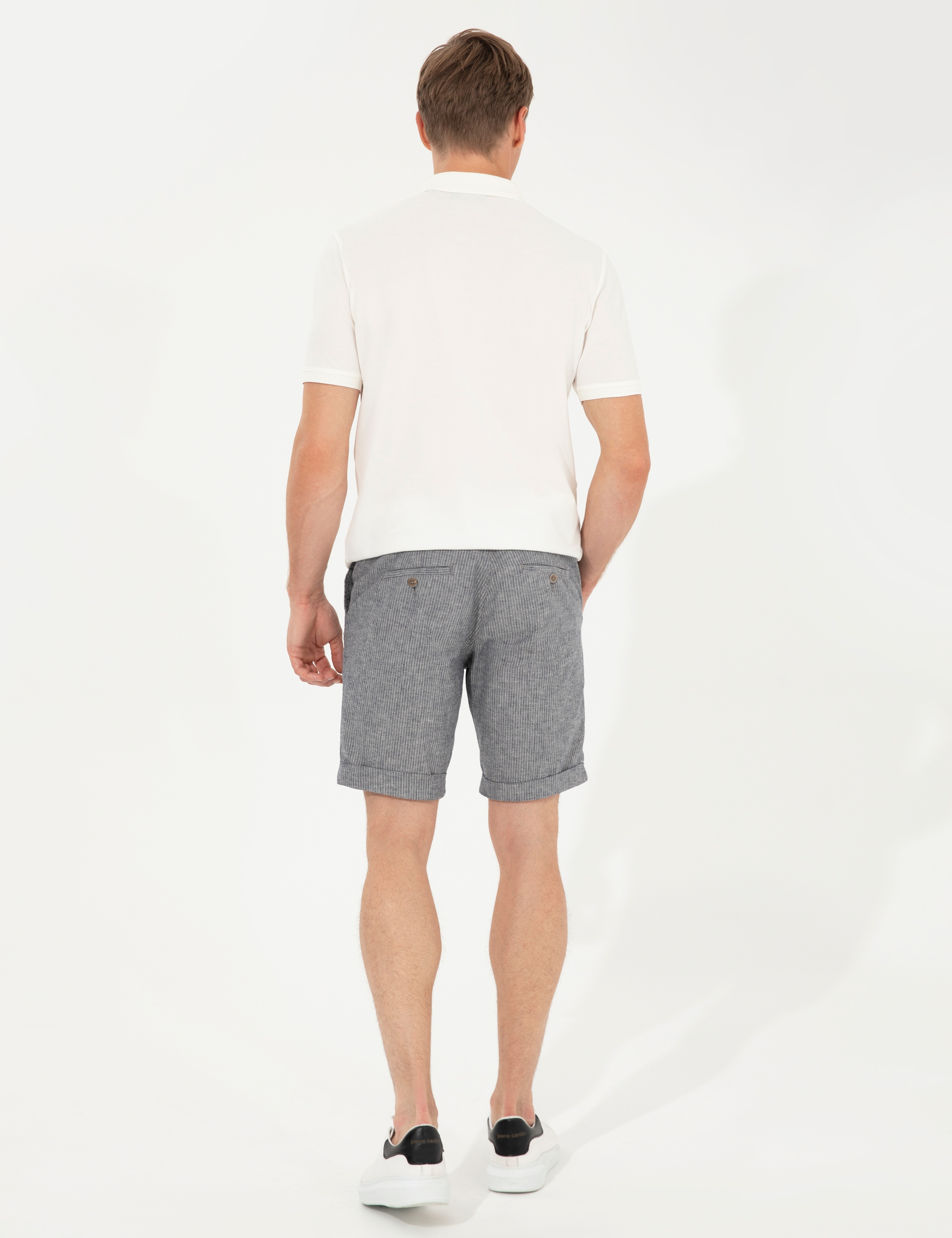 Lacivert Regular Fit Keten Karışımlı Çizgili Beli Lastikli Bağcıklı Bermuda Şort - Image 4