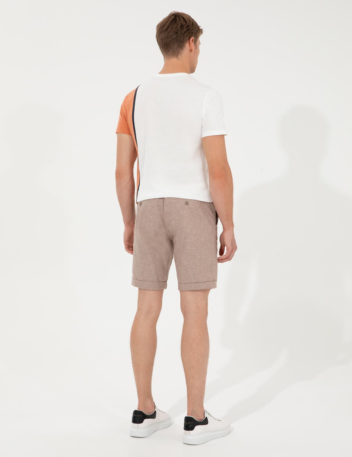 Kahverengi Regular Fit Keten Karışımlı Çizgili Beli Lastikli Bermuda Şort - 50251526015