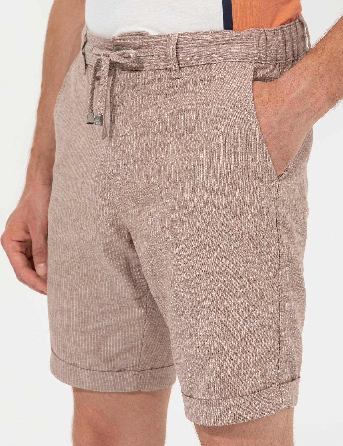 Kahverengi Regular Fit Keten Karışımlı Çizgili Beli Lastikli Bermuda Şort - 50251526015