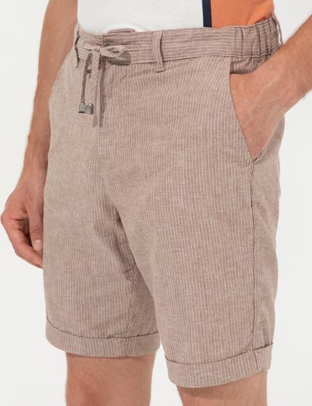 Kahverengi Regular Fit Keten Karışımlı Çizgili Beli Lastikli Bermuda Şort - 50251526015
