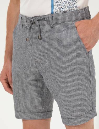 Lacivert Regular Fit Keten Karışımlı Çizgili Beli Lastikli Bağcıklı Bermuda Şort
