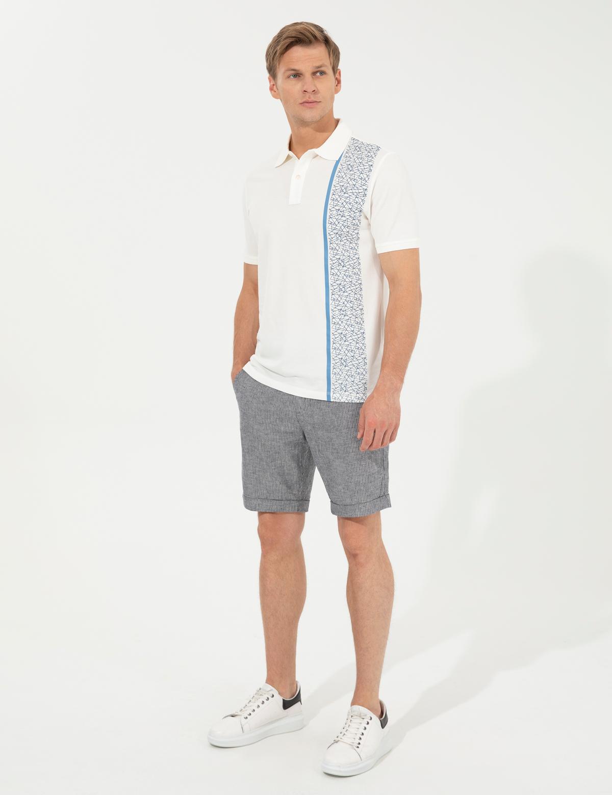 Lacivert Regular Fit Keten Karışımlı Çizgili Beli Lastikli Bağcıklı Bermuda Şort - 50251526003