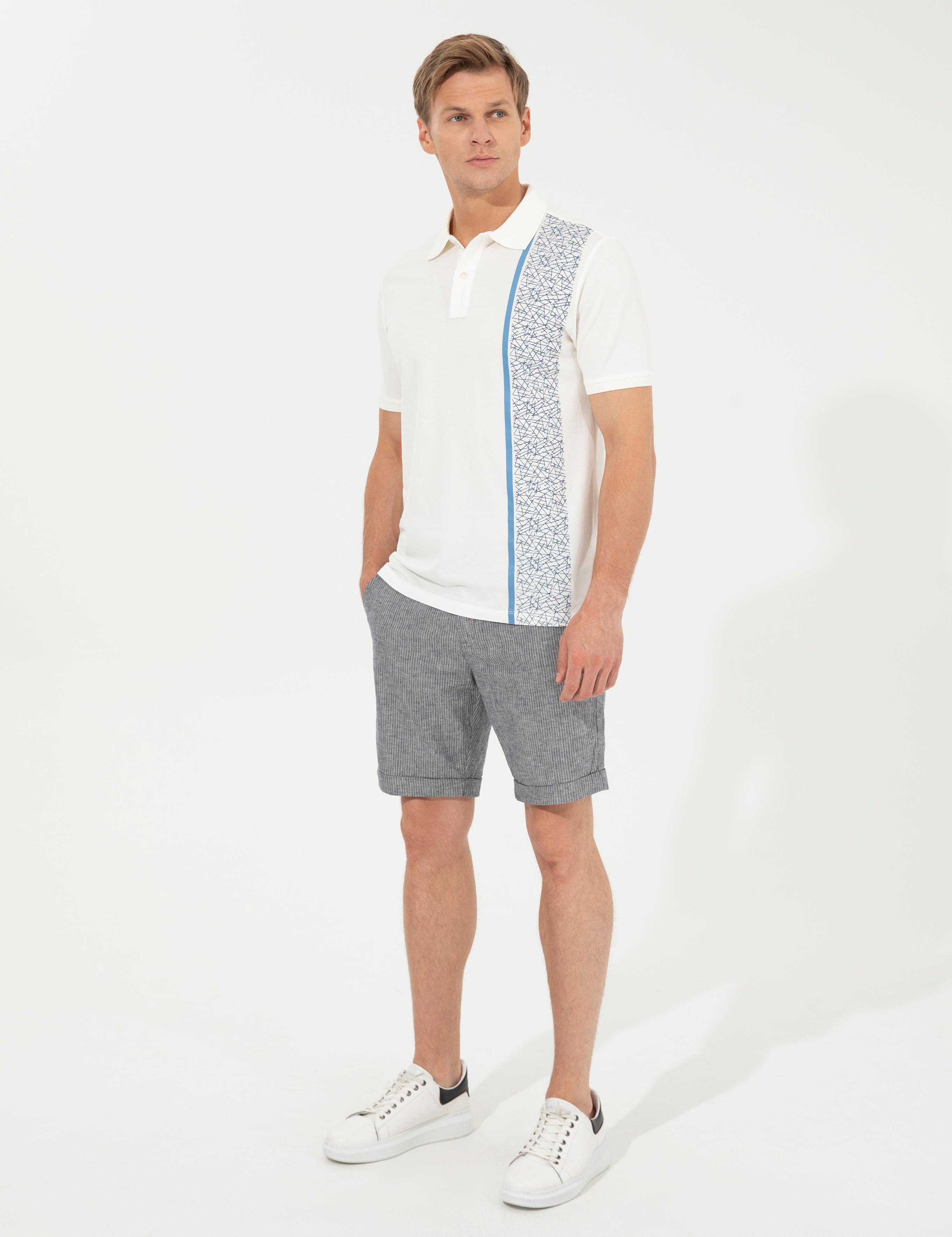 Lacivert Regular Fit Keten Karışımlı Çizgili Beli Lastikli Bağcıklı Bermuda Şort