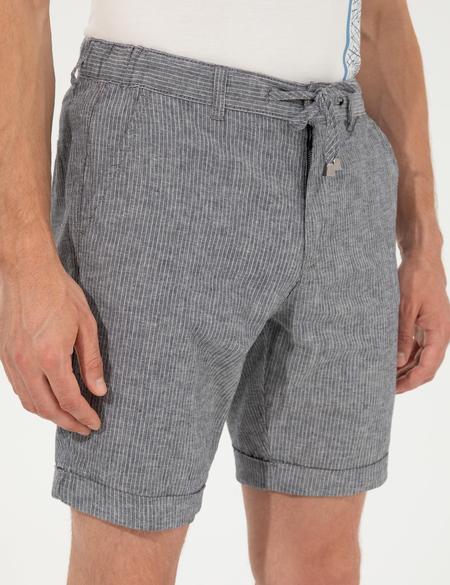 Lacivert Regular Fit Keten Karışımlı Çizgili Beli Lastikli Bağcıklı Bermuda Şort - 50251526003
