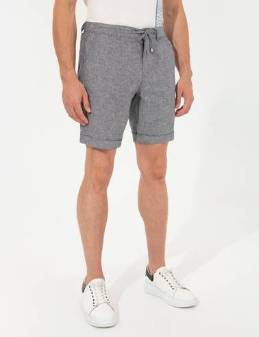 Lacivert Regular Fit Keten Karışımlı Çizgili Beli Lastikli Bağcıklı Bermuda Şort