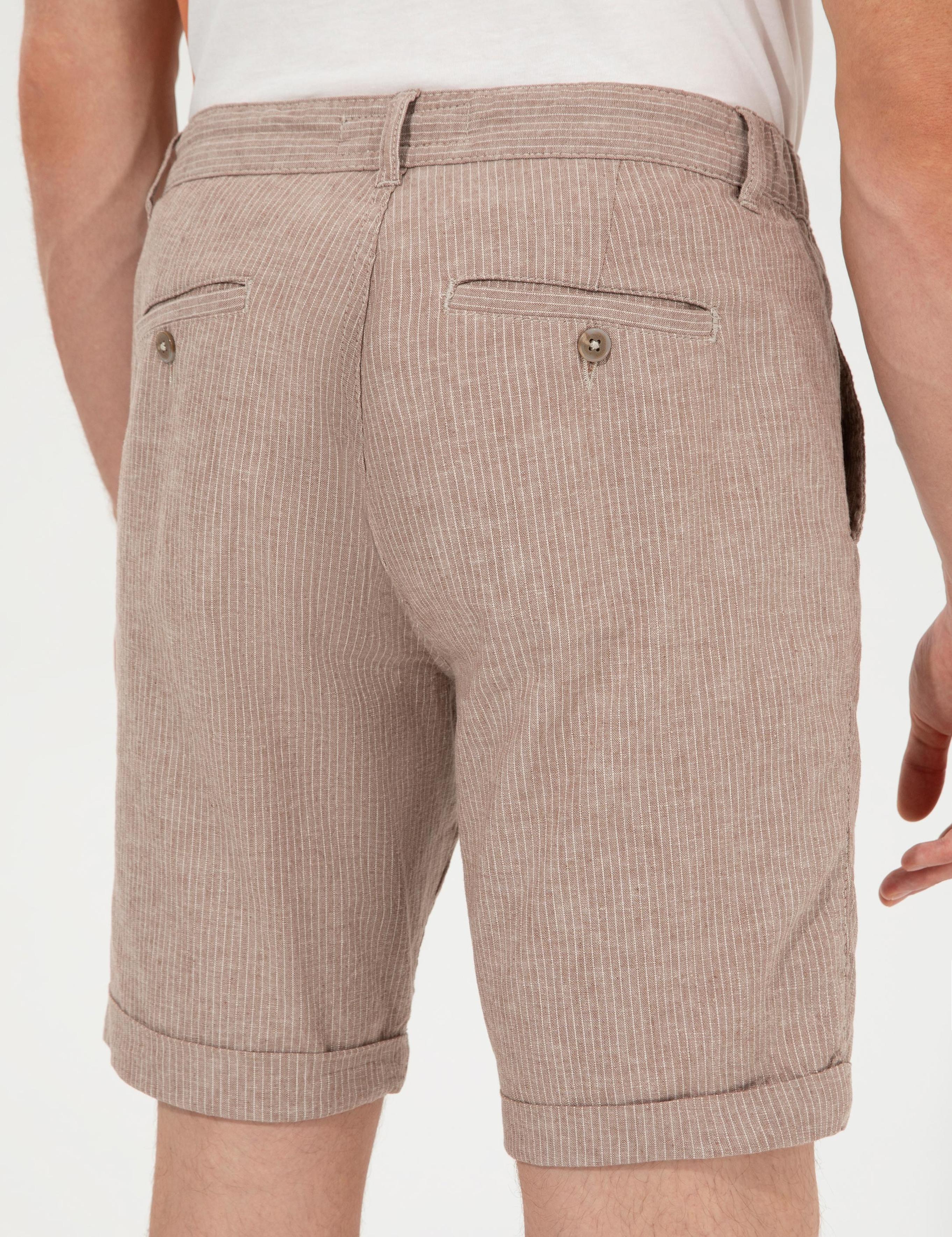 Kahverengi Regular Fit Keten Karışımlı Çizgili Beli Lastikli Bermuda Şort