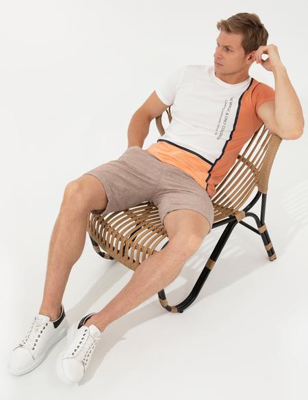 Kahverengi Regular Fit Keten Karışımlı Çizgili Beli Lastikli Bermuda Şort - 50251526015