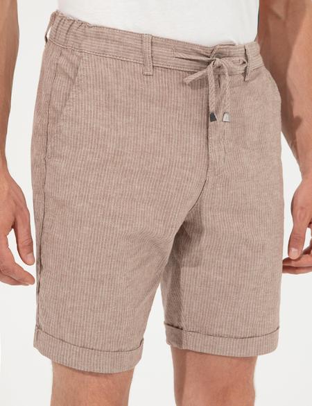 Kahverengi Regular Fit Keten Karışımlı Çizgili Beli Lastikli Bermuda Şort - 50251526015