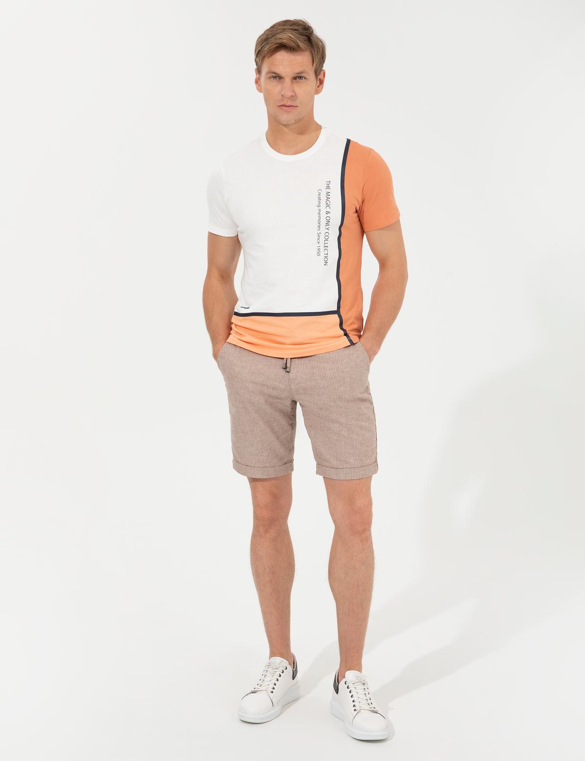 Kahverengi Regular Fit Keten Karışımlı Çizgili Beli Lastikli Bermuda Şort - 50251526015