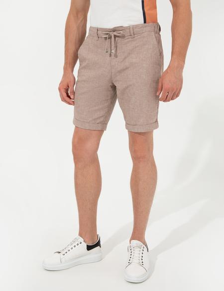 Kahverengi Regular Fit Keten Karışımlı Çizgili Beli Lastikli Bermuda Şort - 50251526015