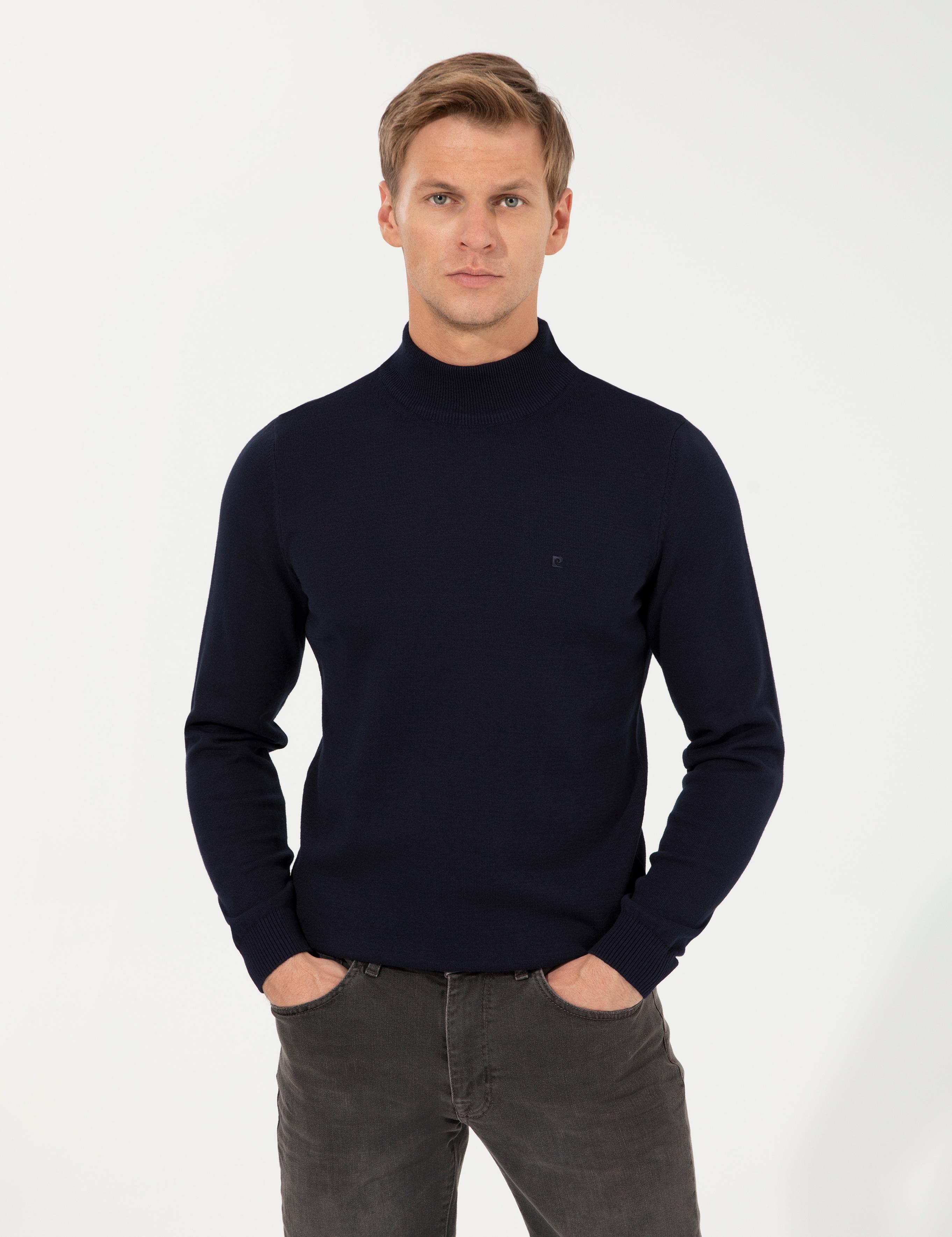 Lacivert Slim Fit Yarım Balıkçı Yaka Basic Triko Kazak