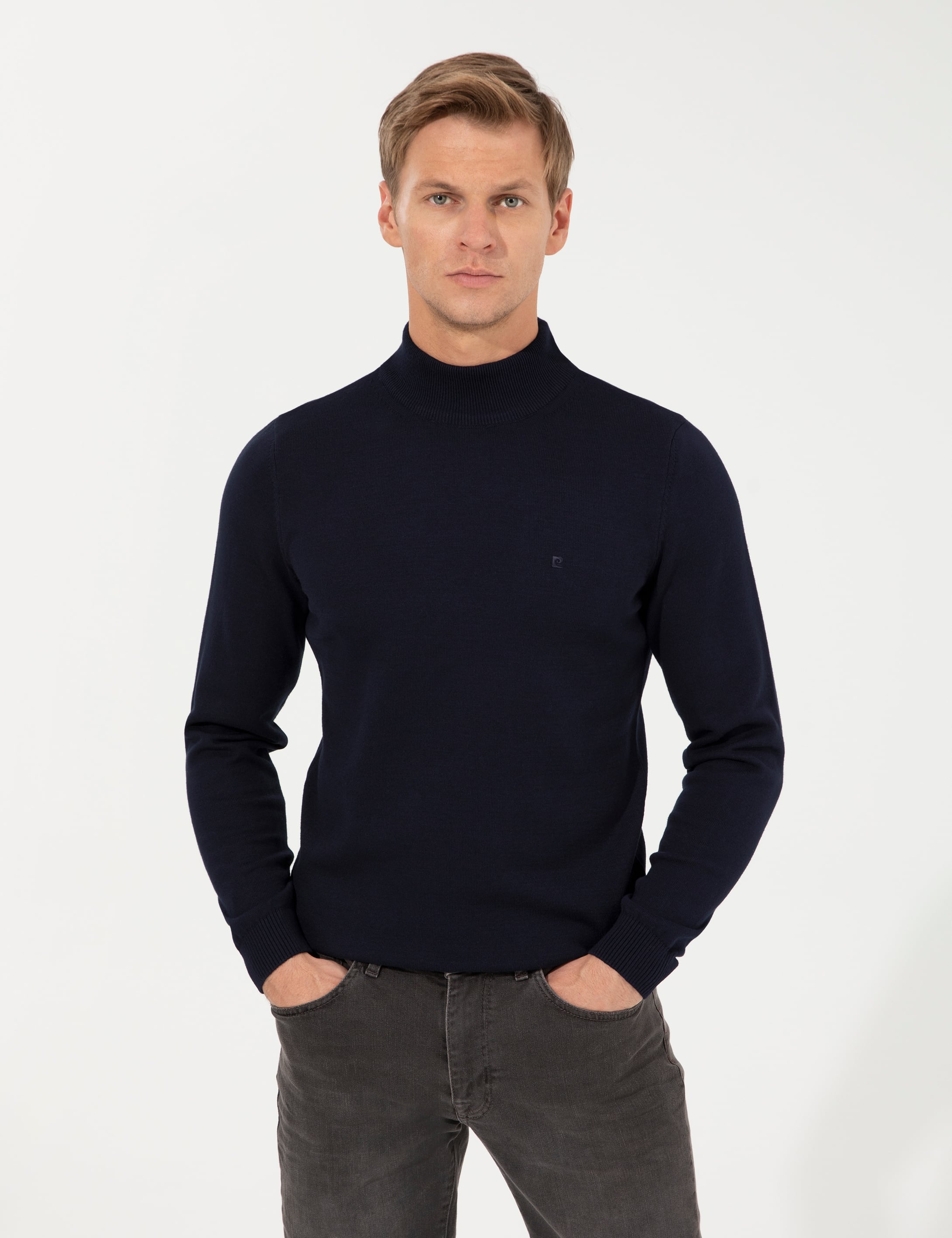 Lacivert Slim Fit Yarım Balıkçı Yaka Basic Triko Kazak