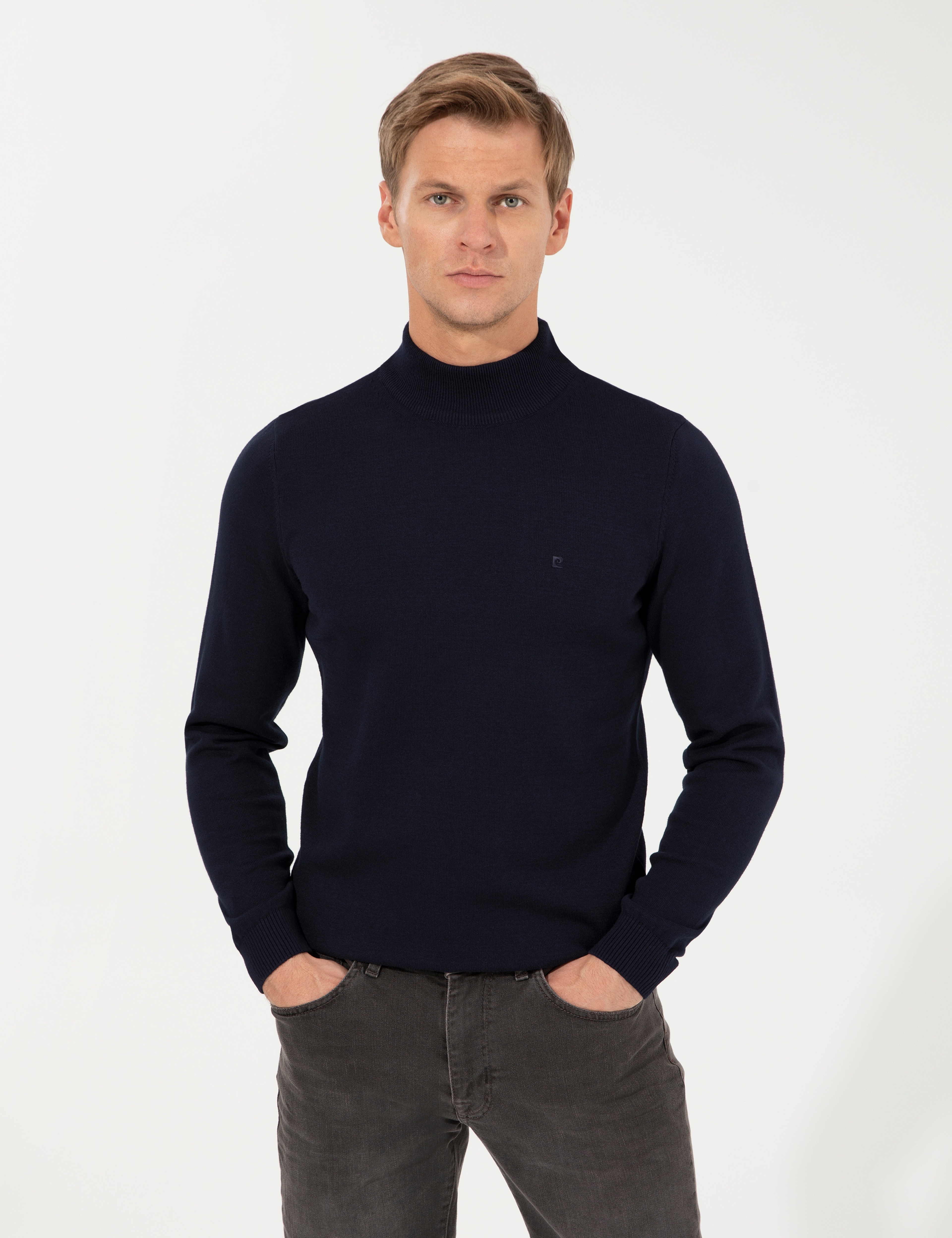 Lacivert Slim Fit Yarım Balıkçı Yaka Basic Triko Kazak