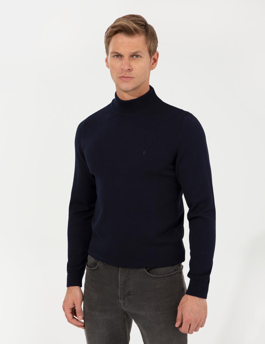 Lacivert Slim Fit Yarım Balıkçı Yaka Basic Triko Kazak