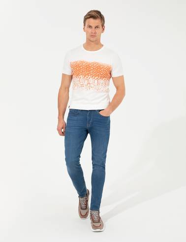 Ekru Slim Fit Bisiklet Yaka Triko Tişört