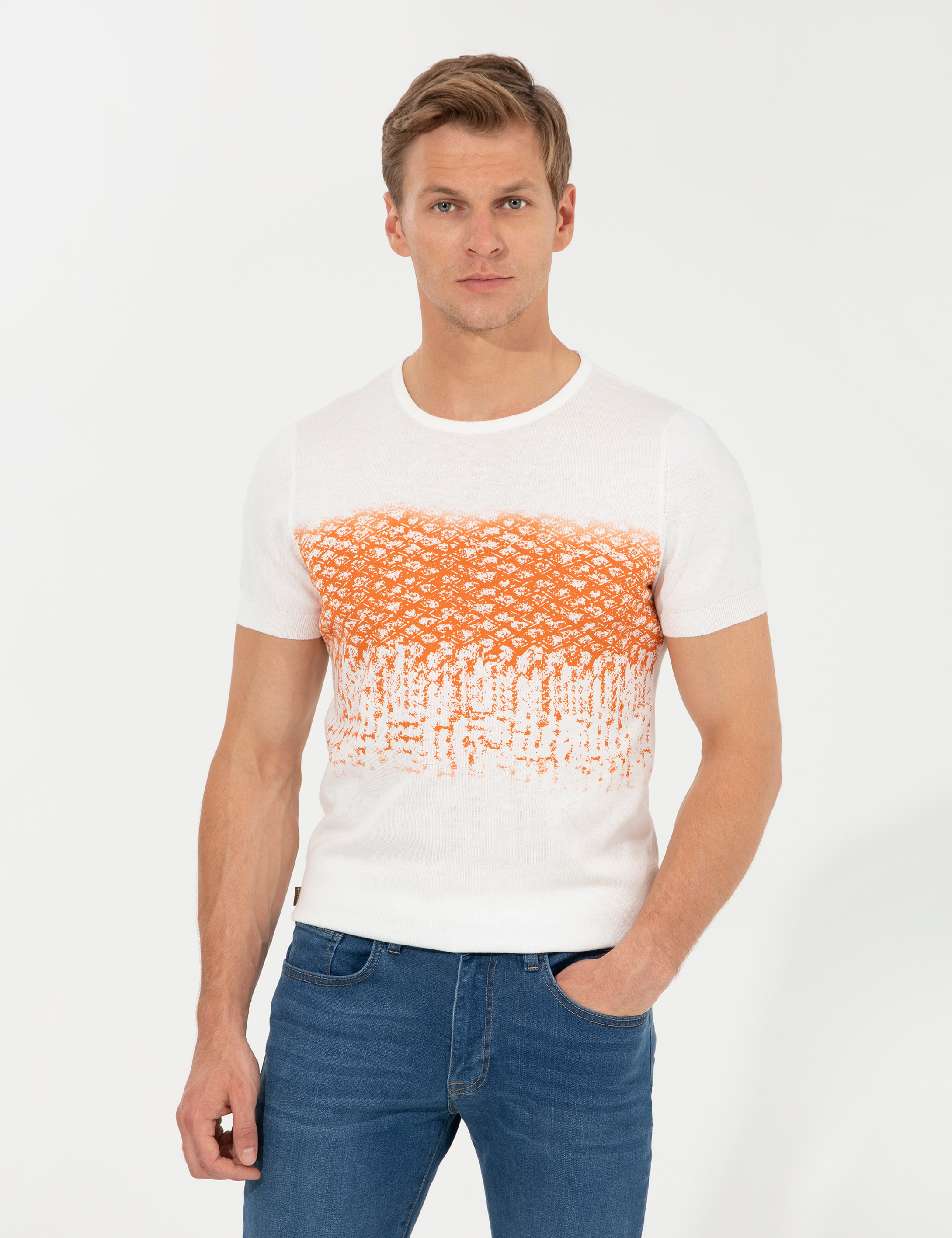 Ekru Slim Fit Bisiklet Yaka Triko Tişört - Image 2