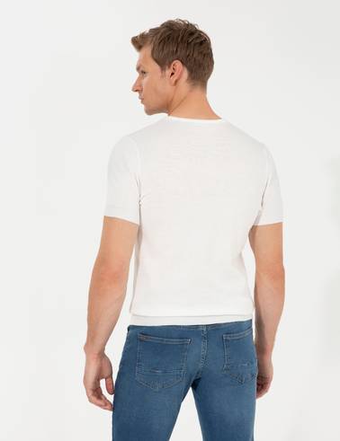 Ekru Slim Fit Bisiklet Yaka Triko Tişört