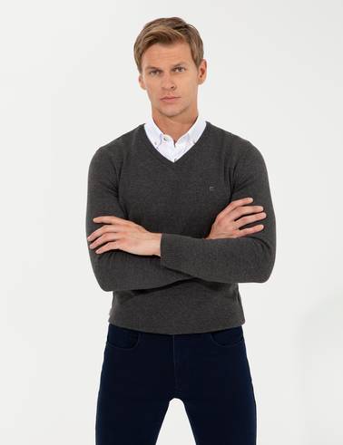 Gri Melanj Slim Fit V Yaka Basic Triko Kazak