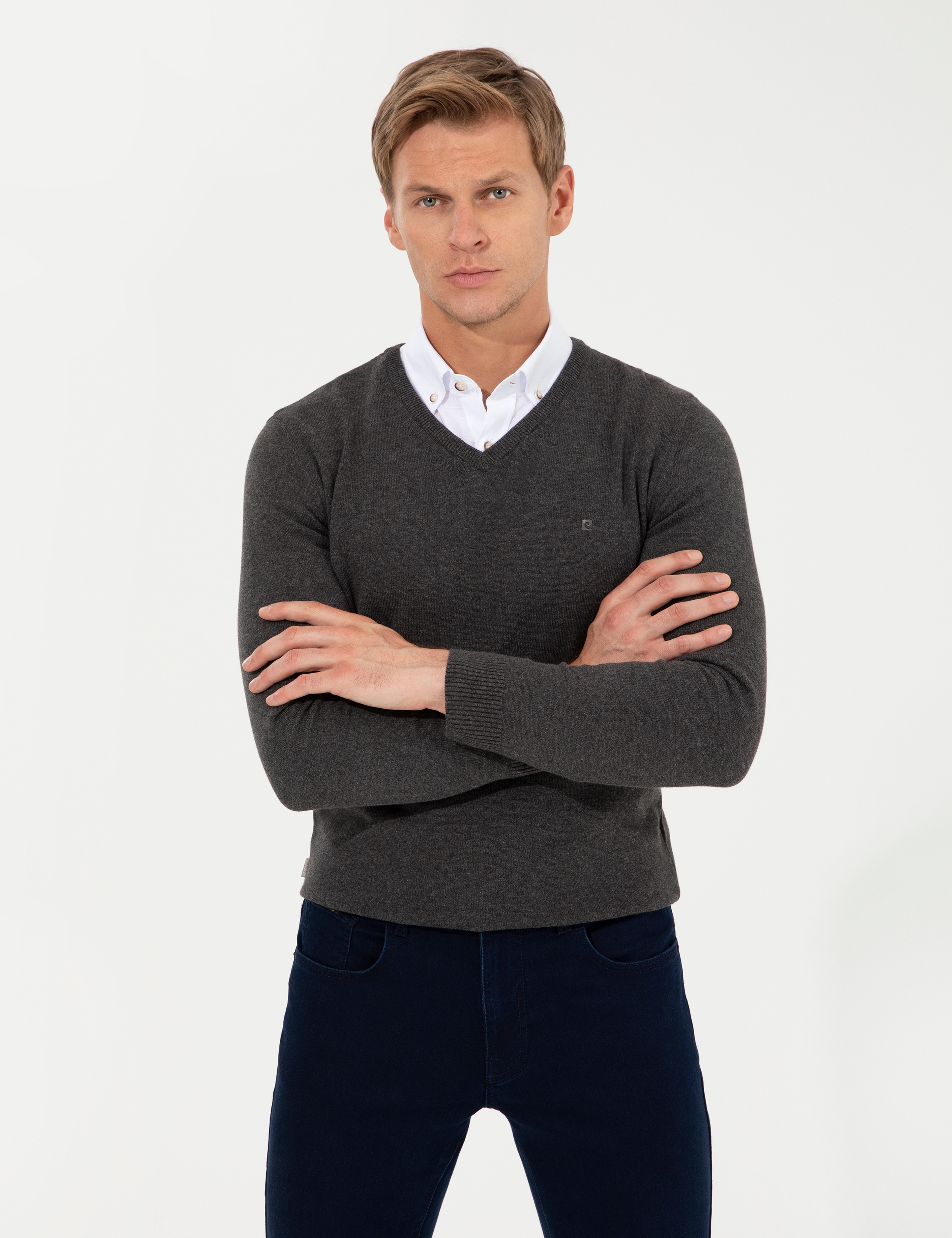 Gri Melanj Slim Fit V Yaka Basic Triko Kazak - Image 2