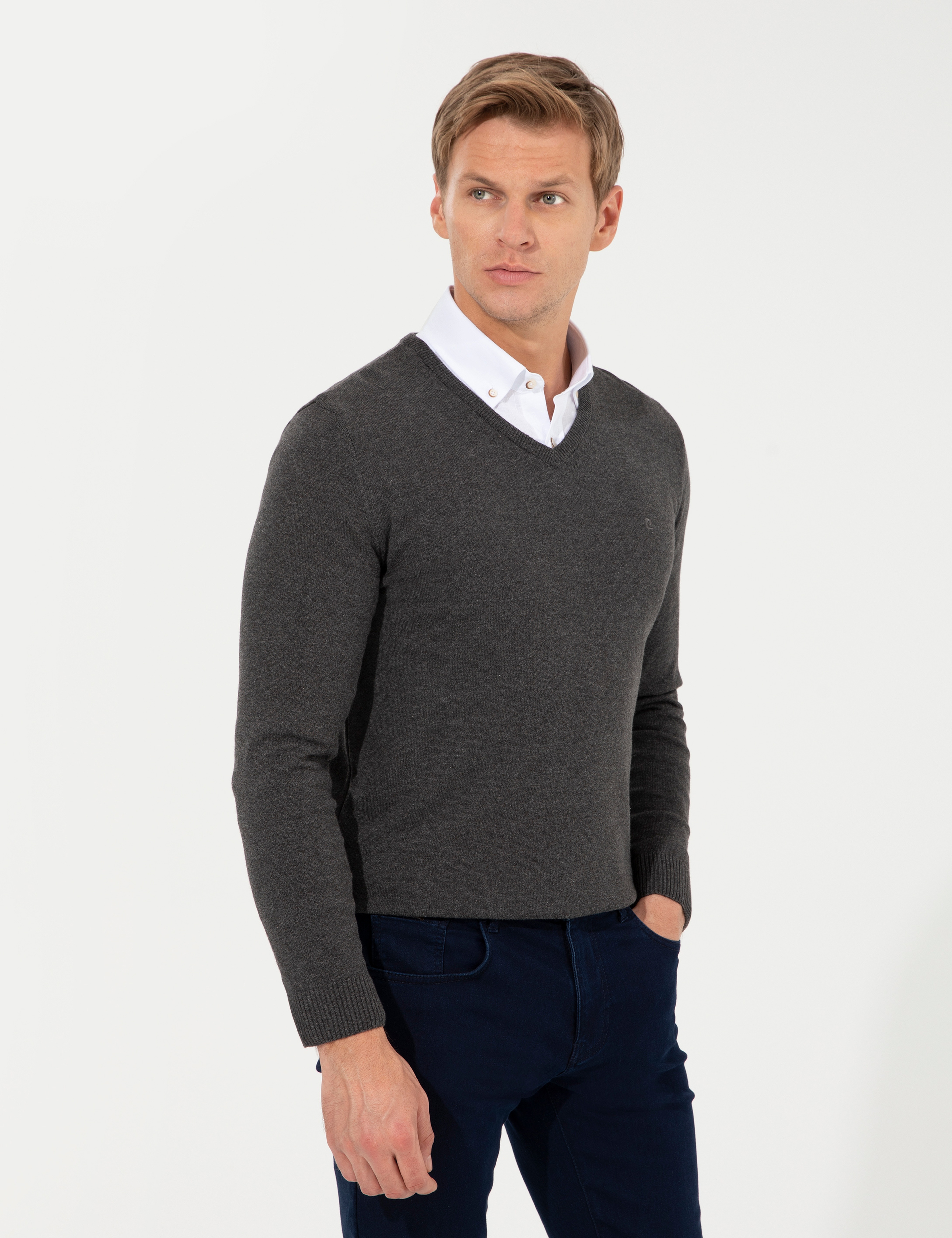 Gri Melanj Slim Fit V Yaka Basic Triko Kazak - Image 3