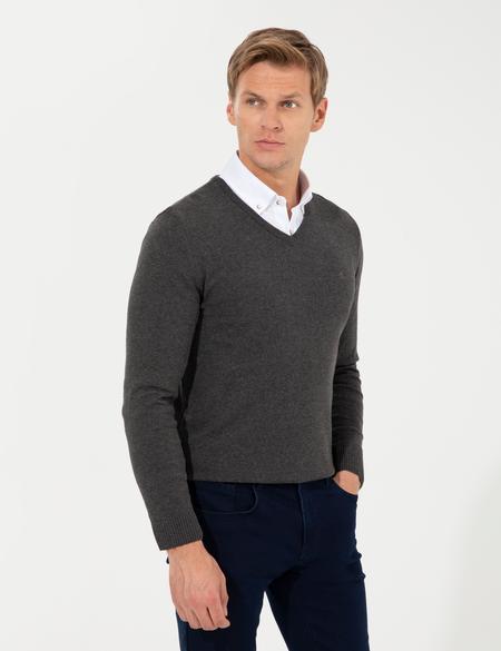 Gri Melanj Slim Fit V Yaka Basic Triko Kazak - 50257206002